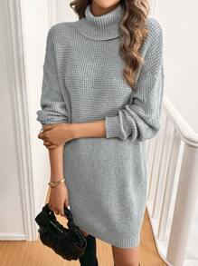 SHEIN LUNE Women's Long Sleeve Turtleneck Sweater Dress - Light Grey - View 1