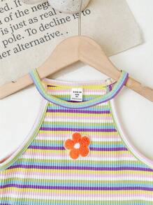 SHEIN Tween Girl Knit Floral Patch Colorful Striped Pullover Casual Tank Top - Baby Blue - View 5
