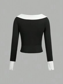 Forever 21 Women's Spring/Summer Color-Blocked Peter Pan Collar Long Sleeve Slim Fit T-Shirt