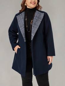 EMERY ROSE Cappotto invernale da donna taglie forti, elegante cappotto in lana con collo a bavero, maniche lunghe, cintura in vita, colore a contrasto - nero - Visualizzare 1