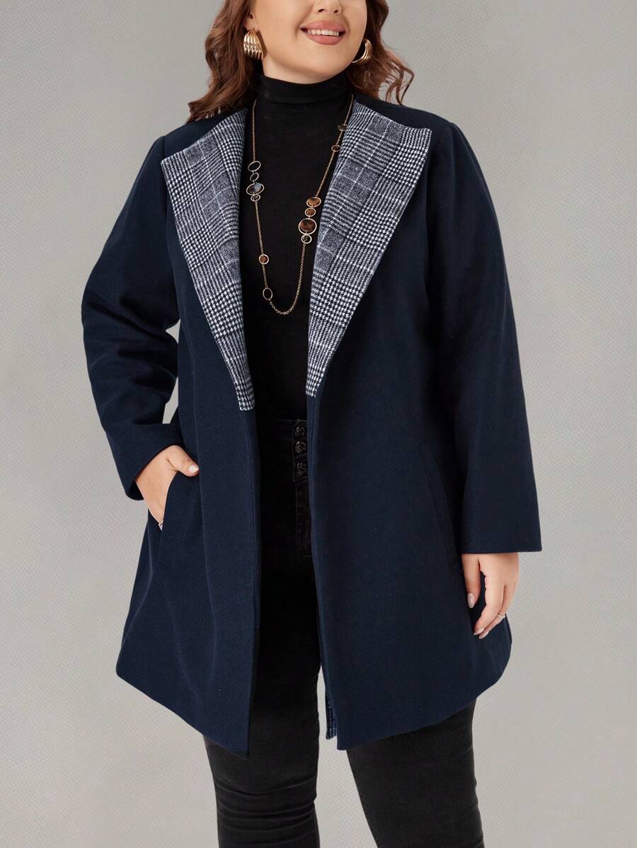 EMERY ROSE Cappotto invernale da donna taglie forti, elegante cappotto in lana con collo a bavero, maniche lunghe, cintura in vita, colore a contrasto - nero - Visualizzare 1
