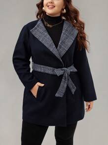 EMERY ROSE Cappotto invernale da donna taglie forti, elegante cappotto in lana con collo a bavero, maniche lunghe, cintura in vita, colore a contrasto - nero - Visualizzare 3