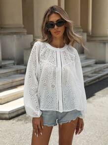 EMERY ROSE Eyelet Embroidery Eyelet Collar Button Lace Hem Long Sleeve Shirt Fall Cloth For Women - White - View 6