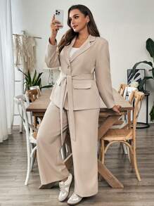 SHEIN Essnce 大码女装时尚居家休闲秋季女装通勤优雅商务办公装商务女装秋季两件套职业上衣机场女装女式西装外套女式服装套装女式秋季套装宽松女裤西装套装 - 杏色 - 查看 7
