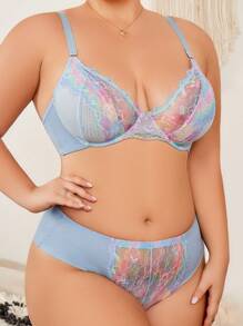 SHEIN Conjunto de lencería cómoda y con encaje de talla grande para damas - Azul - Ver 5