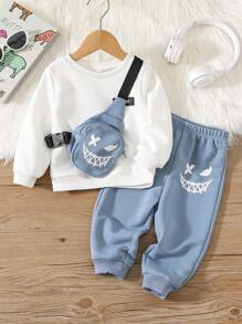 3 件套男婴/女婴可爱表情印花可调节斜挎背包，长袖运动衫和裤子套装，休闲日常穿着，适合春秋冬季，加厚羊毛 - 藍白色 - 查看 1