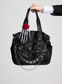ROMWE Goth Bolsa de tela gótica vintage negra para mujer con estampado de rosa, calavera, huesos de mano y cadena con dije de calavera, bolsa de mano personalizada estilo punk para Halloween, bolso de hombro cruzado - Negro - Ver 1