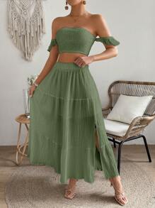 SHEIN LUNE Bộ 2 chiếc váy xếp nếp lệch vai màu trơn có vạt trên và váy xẻ tà - màu xanh lá - Xem 5