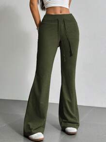 SHEIN EZwear Drawstring Waist Flare Leg Sweatpants - Army Green - View 5