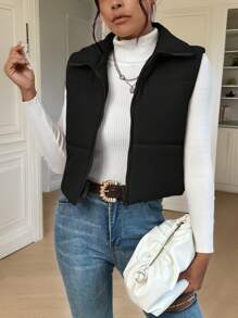 SHEIN Essnce Zip Up Sleeveless Padded Coat - Black - View 3