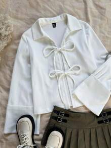 Soleia 女式翻领前开襟打结袖口设计米色常规外套，秋冬 - 米色 - 查看 1