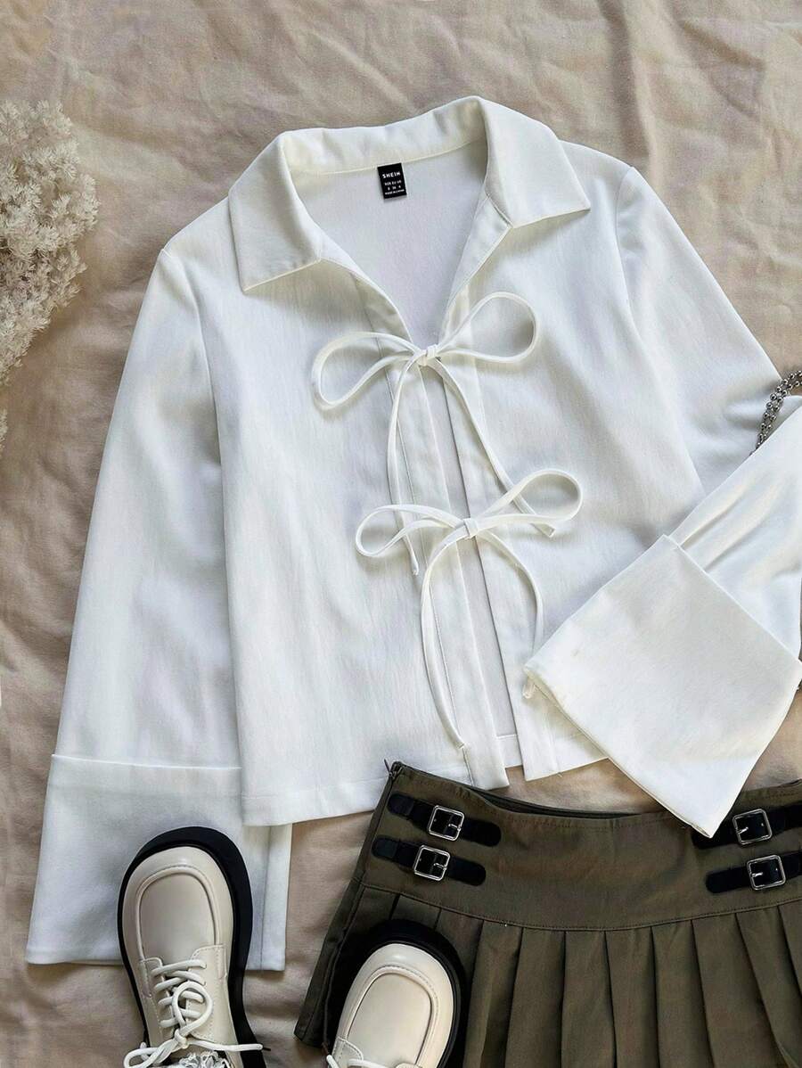 Soleia 女式翻领前开襟打结袖口设计米色常规外套，秋冬 - 米色 - 查看 1