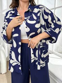 Mulvari Plus Size Women Plant Print Batwing Sleeve Shirt And Loose Casual Pants 2 Piece Set, Summer - Navy Blue - View 3