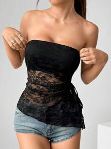 Flirla Women Black Lace Patchwork Asymmetric Crop Top, Casual Vacation