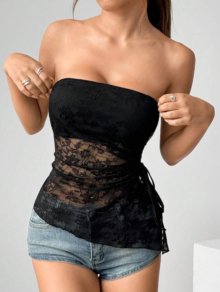 Flirla Women Black Lace Patchwork Asymmetric Crop Top, Casual Vacation