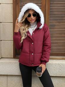 SHEIN LUNE Maroon Long Sleeve Loose Quilted Padded Coat With Removable Fur Collar And Pockets - Redwood - View 3