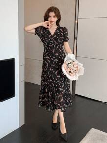 DAZY 女式碎花V领短袖优雅连衣裙太阳裙