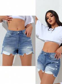 SHEIN EZwear Front Button, Multiple Pockets, Distressed Hem Denim Shorts, Casual Everyday - Blue - View 7
