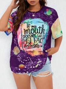 SHEIN LUNE Áo thun in chữ tay ngắn cổ tròn cỡ lớn, trang phục thường ngày - Màu tím - Xem 4