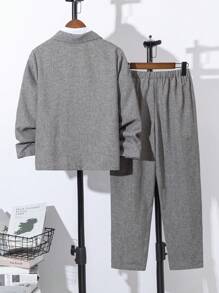 3 件套青少年男童休闲学院风西装外套，搭配双面背心和直筒裤绅士套装 - 卡其色 - 查看 2