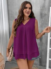 SHEIN LUNE Áo thun nữ cổ chữ V không tay màu trơn nhiều lớp thiết kế rộng rãi thoải mái màu tím mùa thu quần áo - Màu đỏ tím - Xem 4