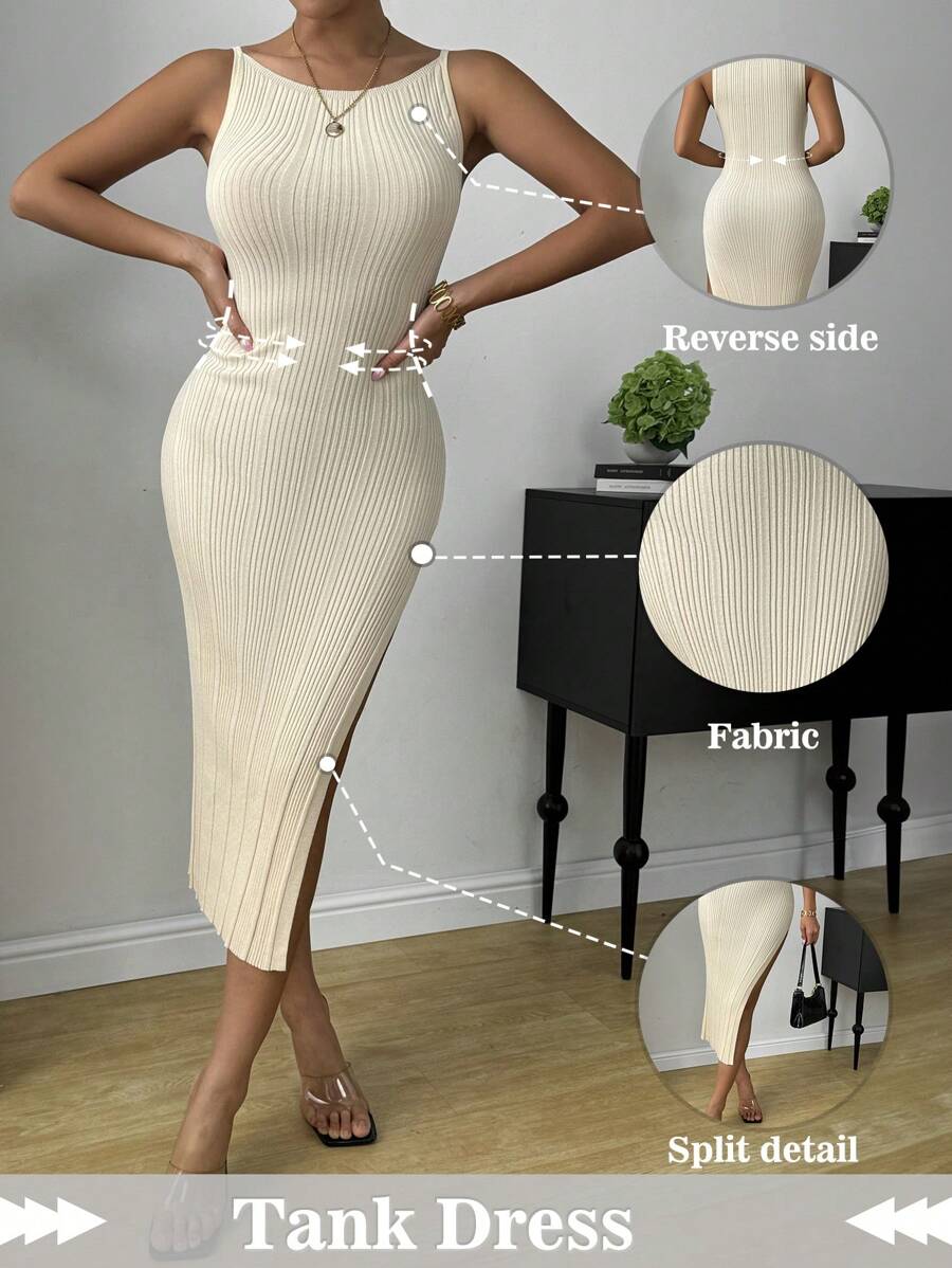 Chiquease Split Thigh Ribbed Knit Sweater Dress - Apricot - View 1