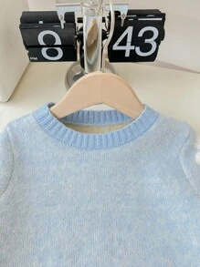 SHEIN Leap Crew Young Girl Flower Pattern Round Neck Loose Casual Sweater - Blue - View 4