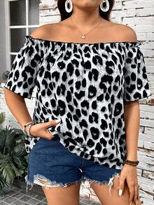 SHEIN LUNE Áo cánh hở vai tay ngắn họa tiết da báo cỡ lớn cho nữ mùa thu - Xám - Xem 4