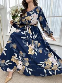 Lacomfia Gaun Panjang Bermotif Bunga Ukuran Besar dengan Sabuk, Gaun Maxi Wanita Motif Acak, Pakaian Musim Gugur untuk Wanita - Navy Blue - View 4