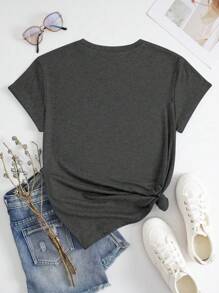 SHEIN LUNE Áo thun tay ngắn in hình nơ cỡ lớn cho nữ - Màu xám đen - Xem 2
