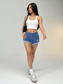 SHEIN PETITE Shorts de mezclilla con botones frontales, múltiples bolsillos, bajo deshilachado y desgastado, uso casual para todos los días