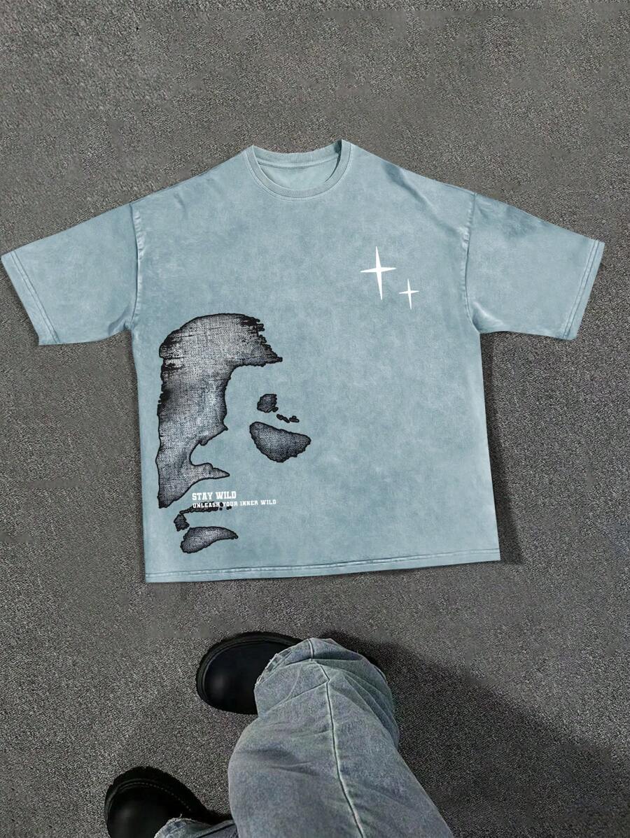 Manfinity EMRG Men's Graphic Print Round Neck Short Sleeve T-Shirt, Summer - Baby Blue - View 1