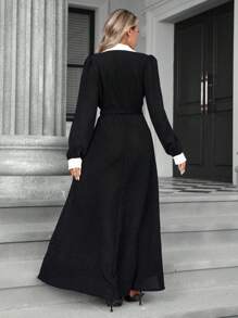 SHEIN Privé Minimalist Stylish High-End Commute Sensor Textured Fabric Color Block Waist Flattering Long Sleeve Dress For Women Fall Cloth For Women - Black and White - View 3