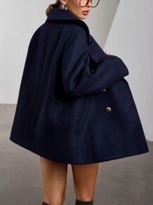 SHEIN Privé 法式通勤直筒双排扣金属纽扣翻领女士大衣，女士深秋优雅双扣常规袖翻领宽松藏青色纯色女士大衣，职业/商务装/工作服