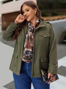 EMERY ROSE Plus Size Women's Zip-Up Front Pocket Military Green Cargo Jacket,Fall Clothes