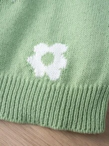 SHEIN 年轻女孩花卉印花圆领长袖宽松时尚毛衣 - 綠色 - 查看 4