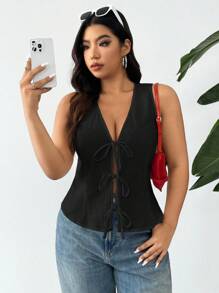 SHEIN EZwear Camisa sin mangas de unicolor de verano informal de talla grande con cordón - Negro - Ver 5