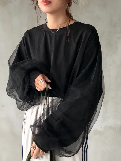 FRIFUL Women's Loose Mesh Patchwork Round Neck T-Shirt With Large Sleeves