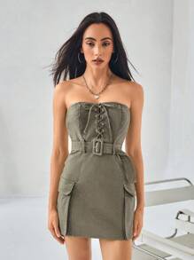 Chiquease Street Style Casual Sleeveless Off Shoulder Wrap Dress With Detachable Belt For Ladies, Cargo Style Inspired, Bodycon Fit - Army Green - View 5