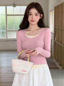 DAZY Áo thun dài tay cổ tròn màu tương phản dành cho nữ, Xuân/Hè - Hồng - Xem 4