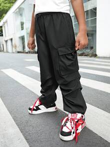 Tween Boys' Casual Urban Chic Cargo Pants, Suitable For Commuting, School, Daily Wear, Sports, Fits Autumn/Winter Season - Black - View 5