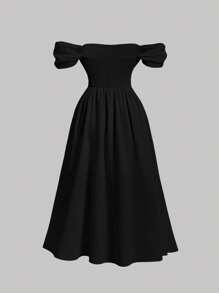 SHEIN MOD Plus Size Black Off Shoulder Ruffle Dress, Summer,Birthday Dresses For Women - Black - View 2