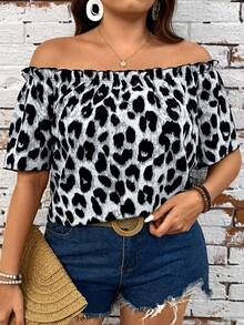 SHEIN LUNE Áo cánh hở vai tay ngắn họa tiết da báo cỡ lớn cho nữ mùa thu - Xám - Xem 3