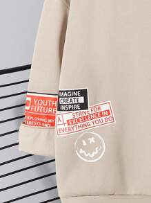 SHEIN 青少年男孩休闲英文徽标印花保暖内衬圆领运动衫，米色，适合秋季、冬季、保暖、学校、居家、日常、运动、生日派对、外出、百搭且简约