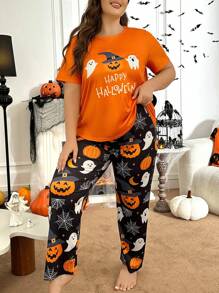 Halloween Pumpkin & Ghost Letter Print Plus Size Pajama Set - Multicolor - View 5