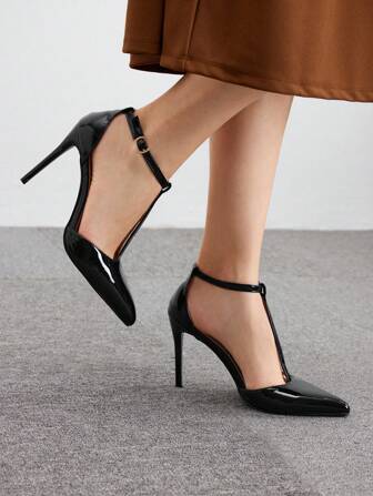 CUCCOO BIZCHIC Modische schwarze T-Riemen Spitze Zehenhochferse Pumps für Pendeln, Dates, Partys, Urlaub, Weihnachten, Herbst, Silvester, Valentinstag
