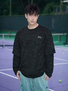 DAZY Men's Simple Round Neck Letter Print T-Shirt, Casual Autumn Wear , Black Long Sleeve - Black - View 3