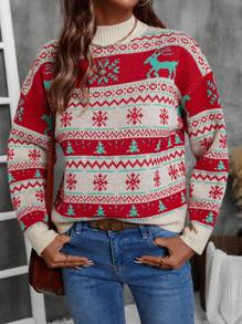 Chiquease Christmas Elk Pattern Long Sleeve Color Block Sweater, Casual Daily Wear - Multicolor - View 1