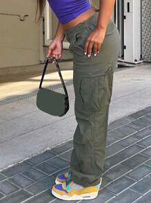 女士休闲直筒工装裤，拉链设计，水洗外观，适合所有季节