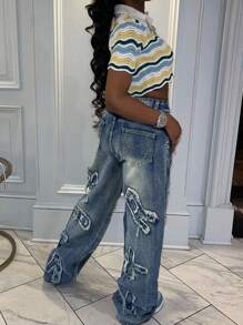 Casual Women's Straight Cut Boyfriend-Style Jeans With Printed Patches, European And American Fashion Design - Dark Wash - View 2